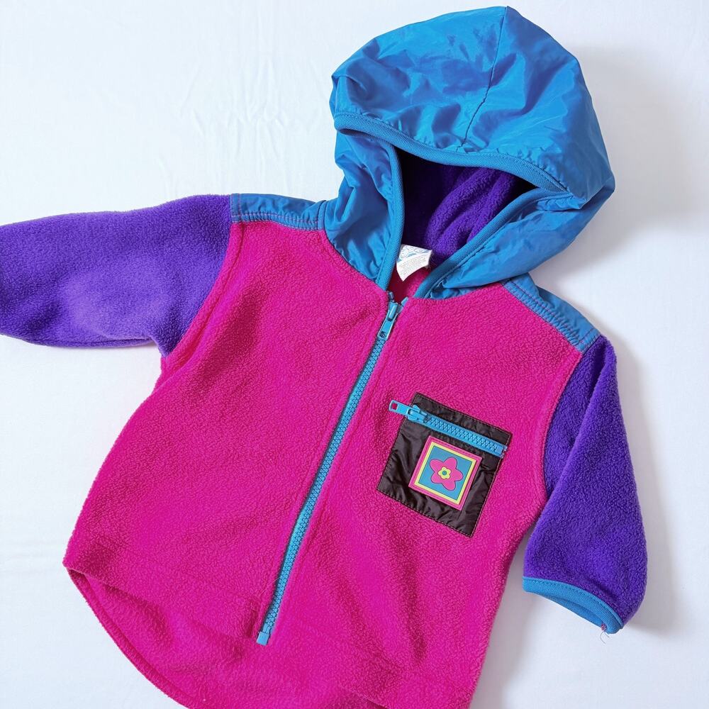 Vintage 90s Garanimals Color Block Flower Patch Pocket Zip-Up Fleece Jacket 12mo